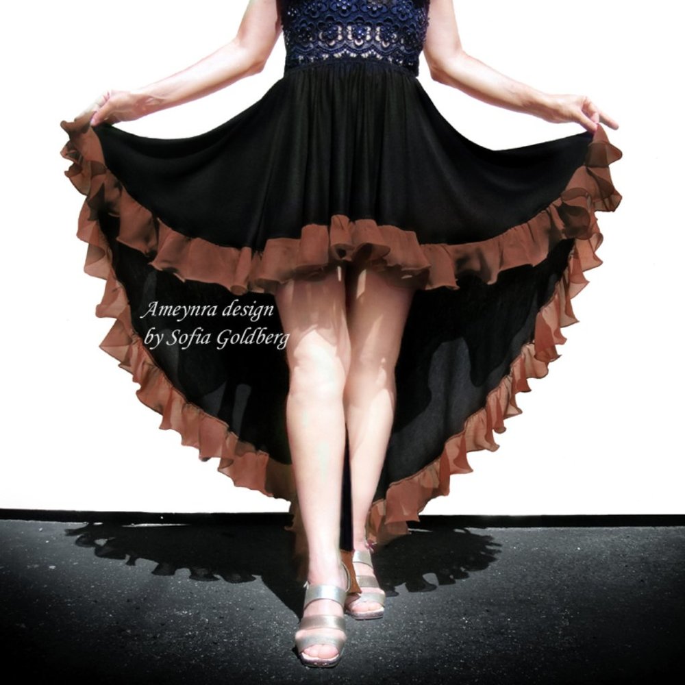 Ameynra high low skirt black rayon with brown chiffon ruffle